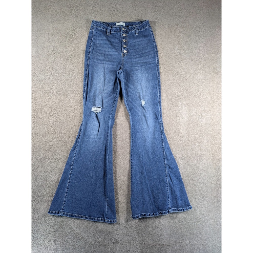 YMI Jeans Womens 11/30 Blue Denim Cotton Stretch Distressed Flare Leg Button Fly